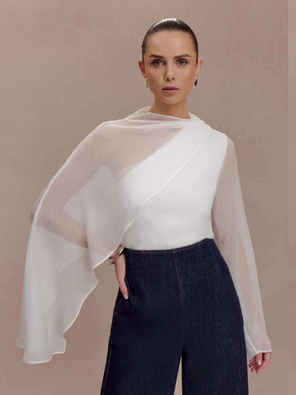 MESHKI Sheer Asymmetrical Long Sleeve Top